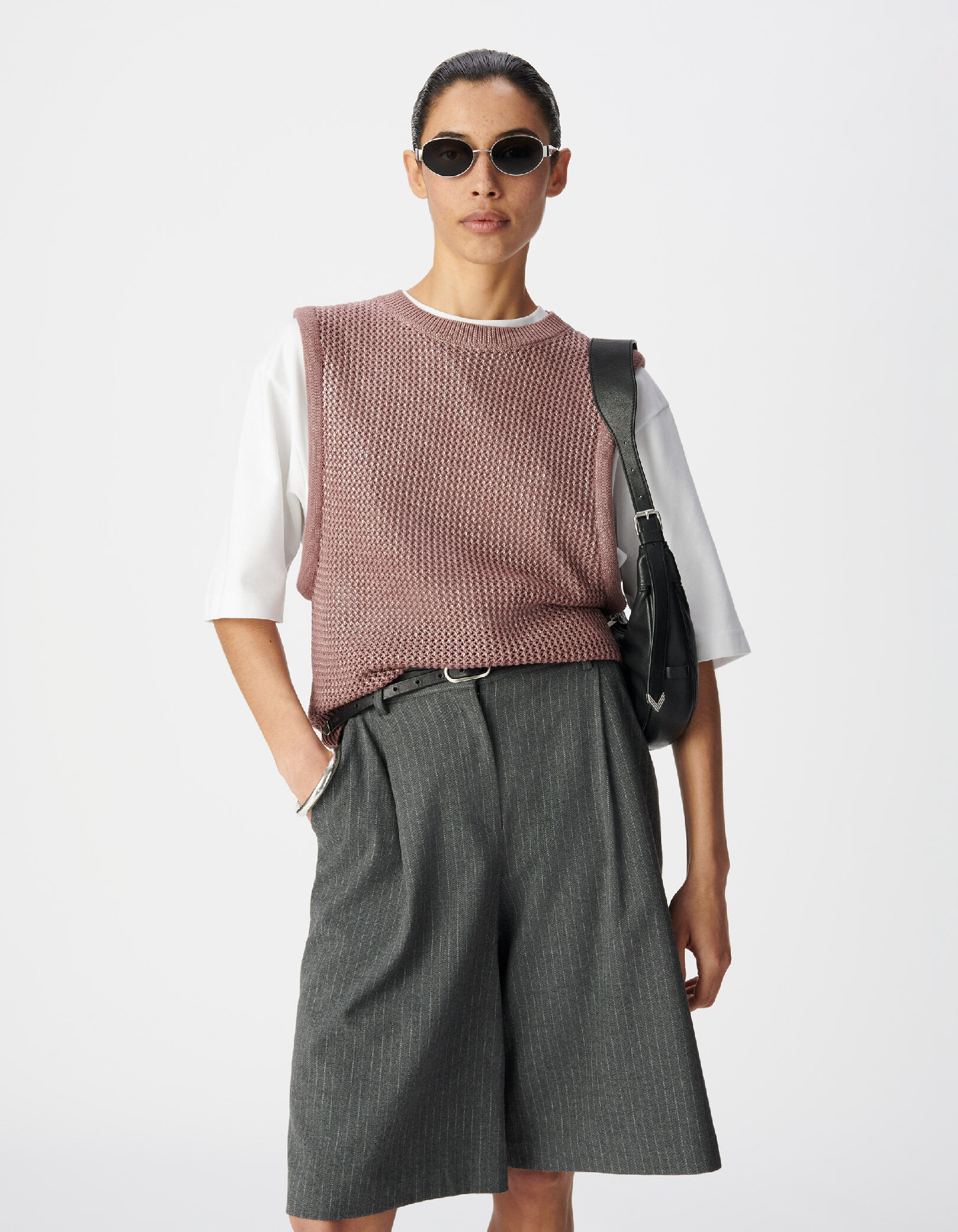 Pull sans manches marron tricot enduit ajouré Femme