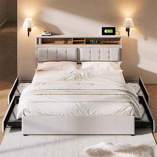 Lit adulte lit 140x200 cm lit rembourré avec quatre tiroirs avec sommier à lattes en bois lit double lin beige