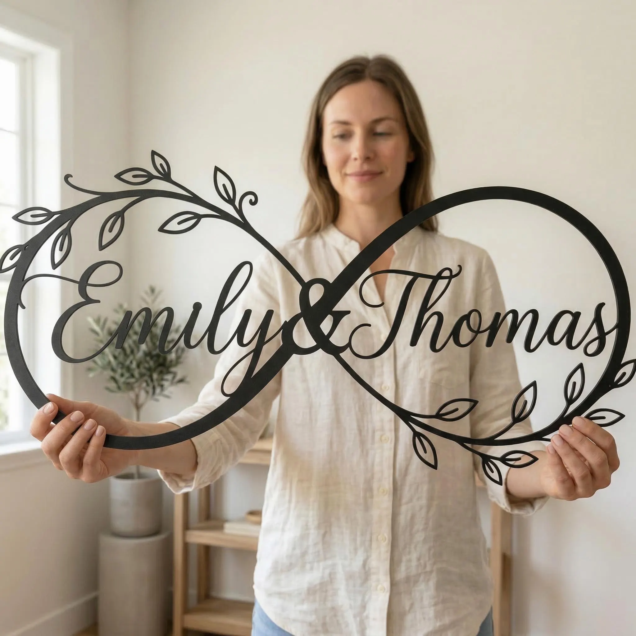 Personalized Infinity Metal Wall Sign, Custom Name Sign with Leaves, Meaningful Anniversary Gift