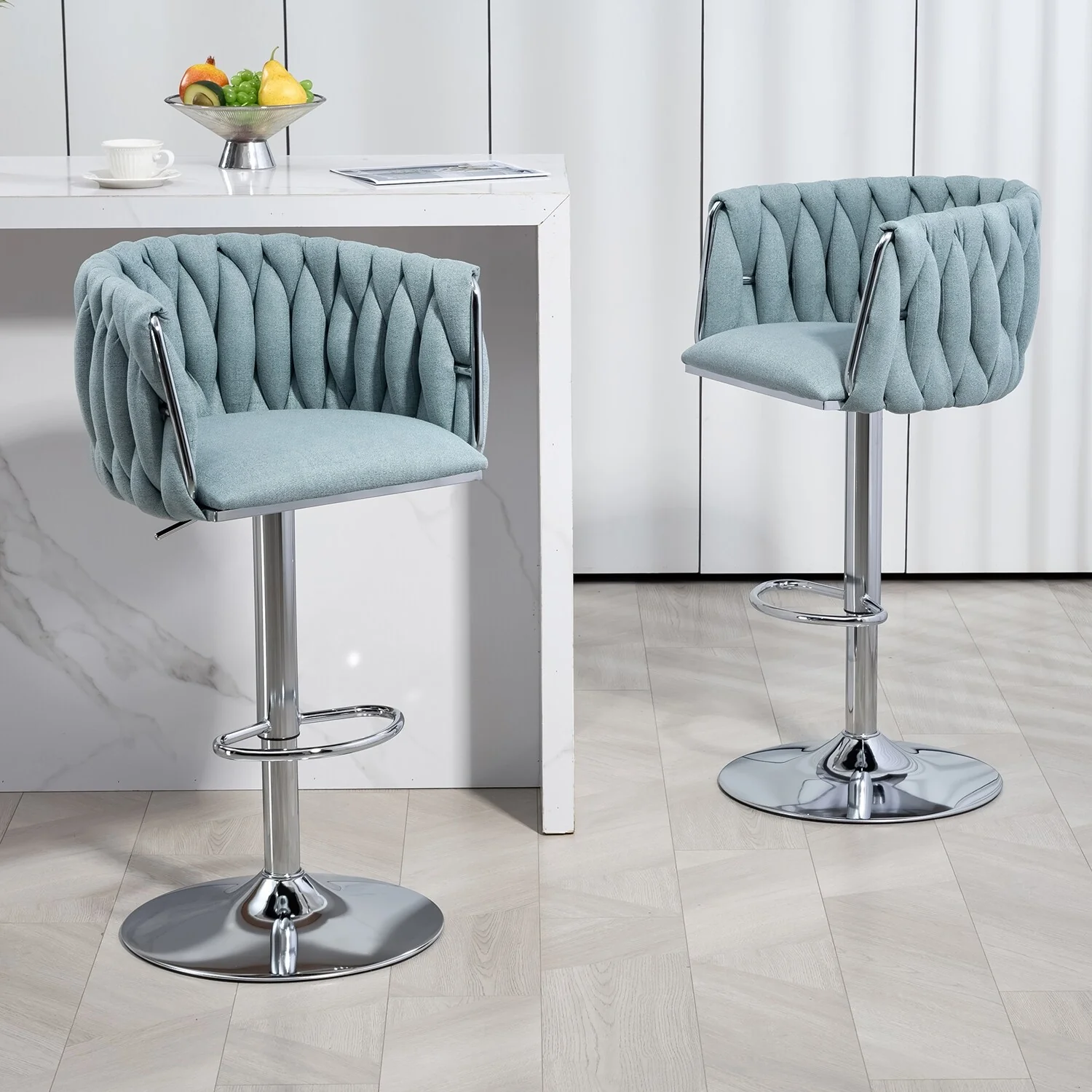 Set of 2 Adjustable Swivel Bar Stools - 360° Woven Fabric Bar Chairs with Footrest & Chrome Metal Base for Kitchen & Pub