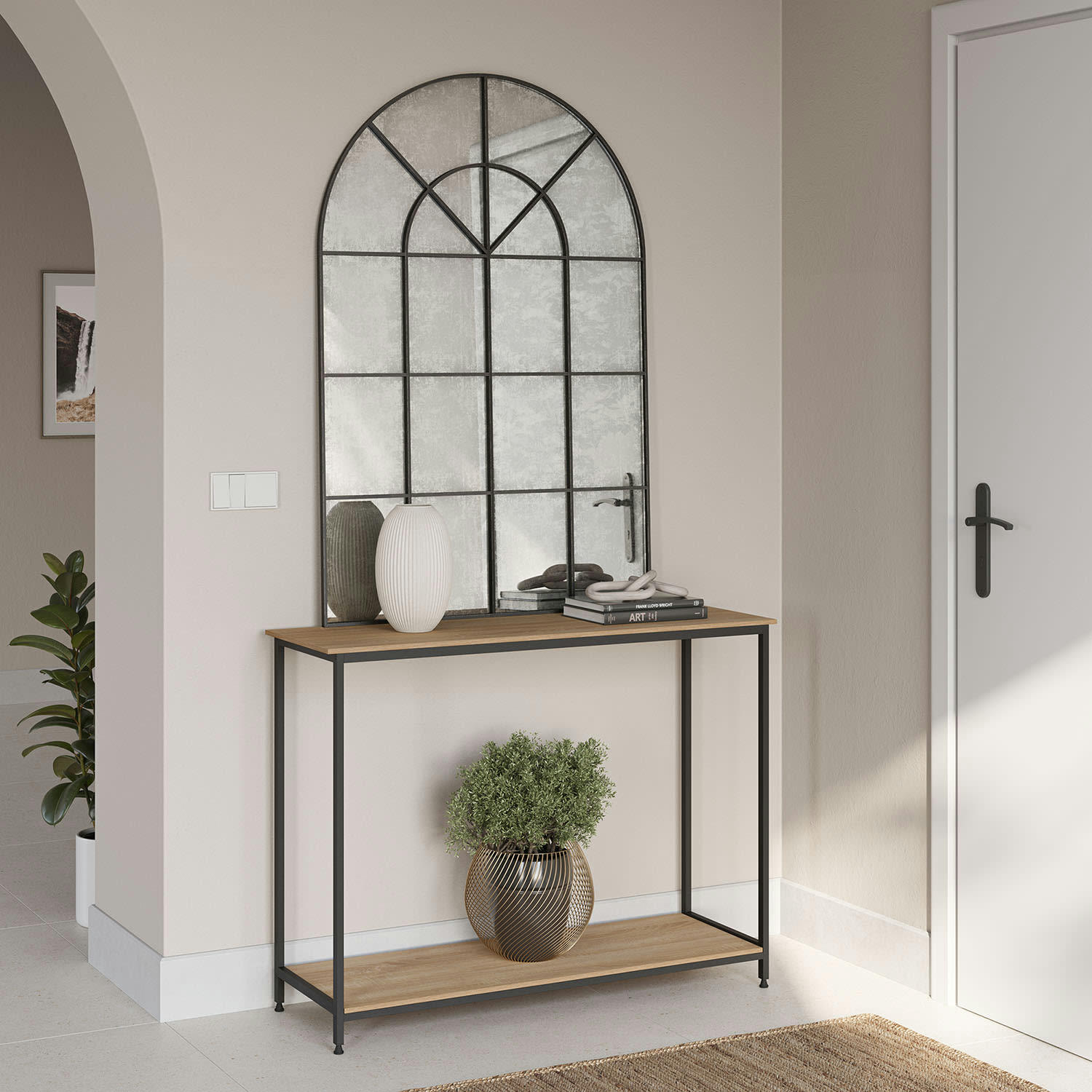 CHLOE - Meuble d'entrée couloir avec 1 étagère inférieure, chêne/noir