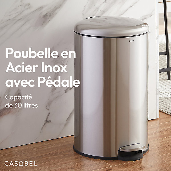 CASABEL Poubelle Cuisine 30L en Acier Inoxydable, Anti-Traces, Poubelle Ronde avec Pédale et Couvercle, Chrome