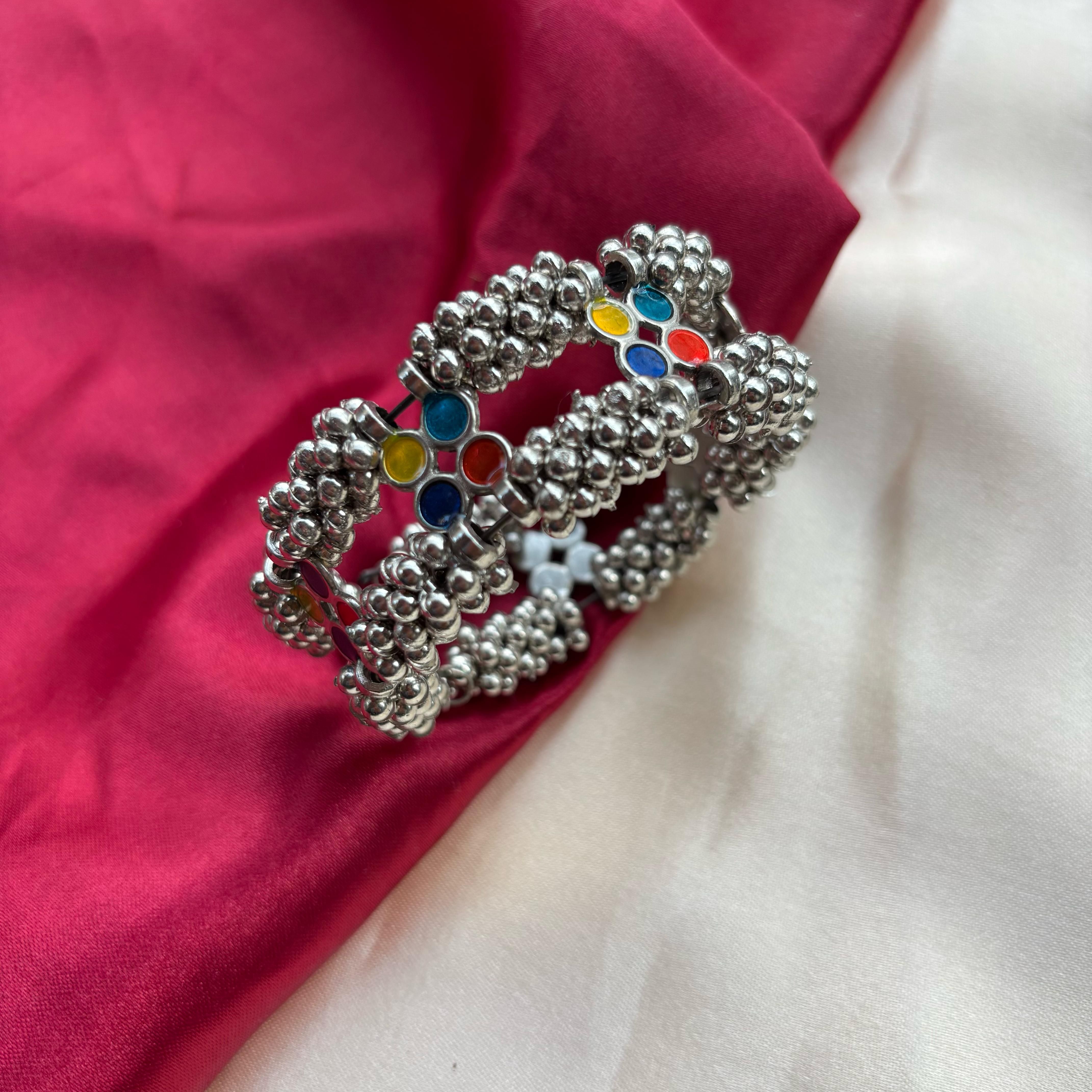 The Colourful Aura Oxidised Ghungaroo multicolour stones Open Bridal Kada Cuff Bangle
