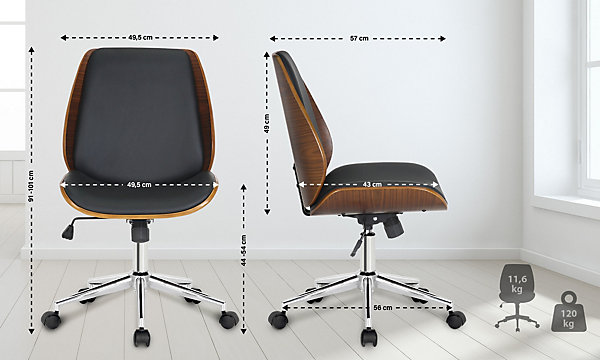 Chaise de bureau Mitch, assise bois, fonction basculante, roulettes, réglable en hauteur Noyer/Noir/Chrome