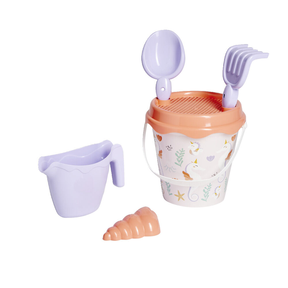 Seau de plage garni hippocampe licorne 6 pièces