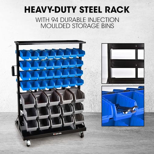 NNEMB 94 Parts Bin Rack Storage System Mobile Double-Sided-Blue