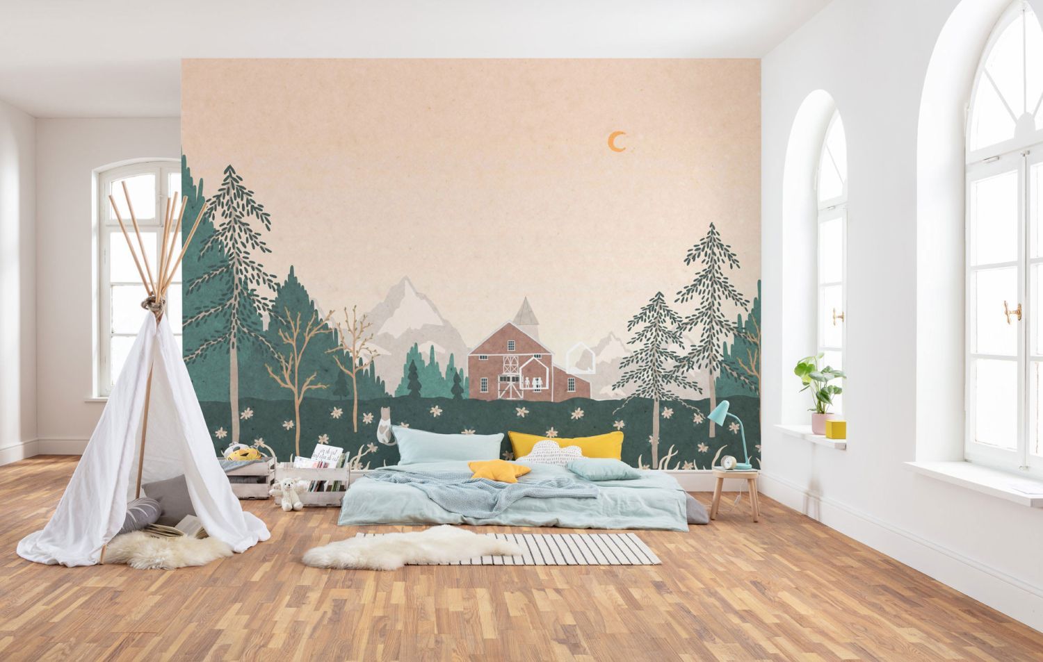 Sanders & Sanders fotobehang boerderij in het bos groen en beige - 400 x 280 cm - 612144