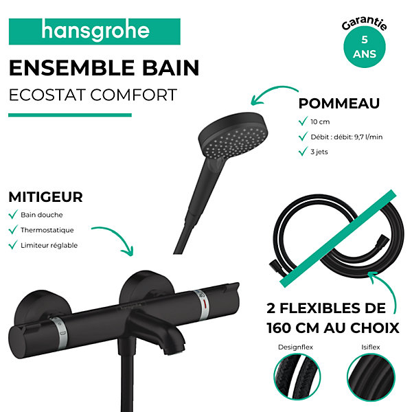 Pack mitigeur bain douche thermostatique HANSGROHE Ecostat Comfort  Flexible Isiflex   Pommeau Vernis Blend Vario noir mat