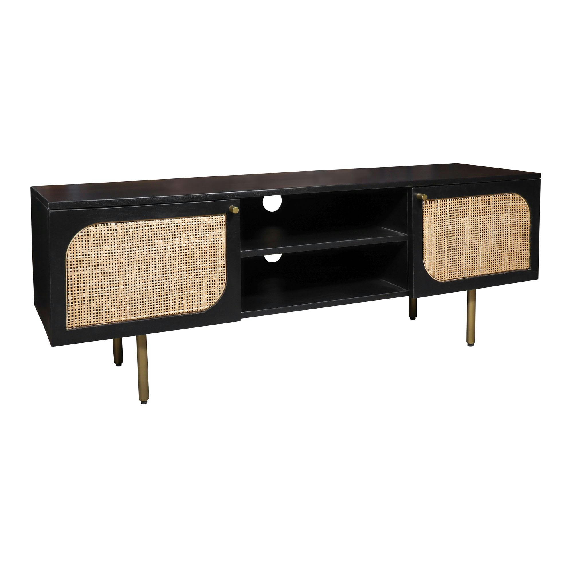 MANAUS - Meuble média en bois de manguier, rotin et pieds en métal doré