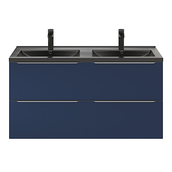 Meuble vasque suspendu bleu nuit mat l.120 cm Imandra   plan double vasque noir céramique Nira, GoodHome