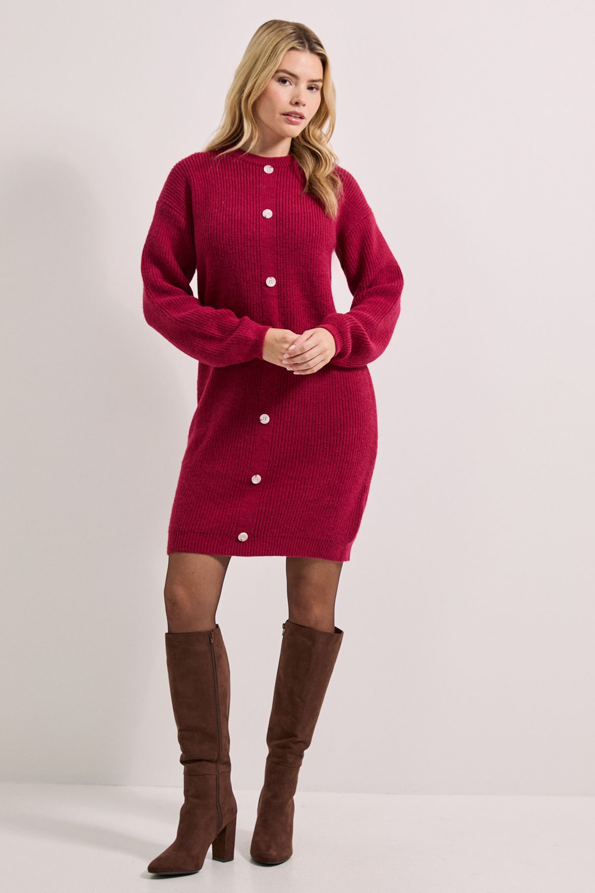 Dorothy Perkins Cranberry Button Down Knitted Dress