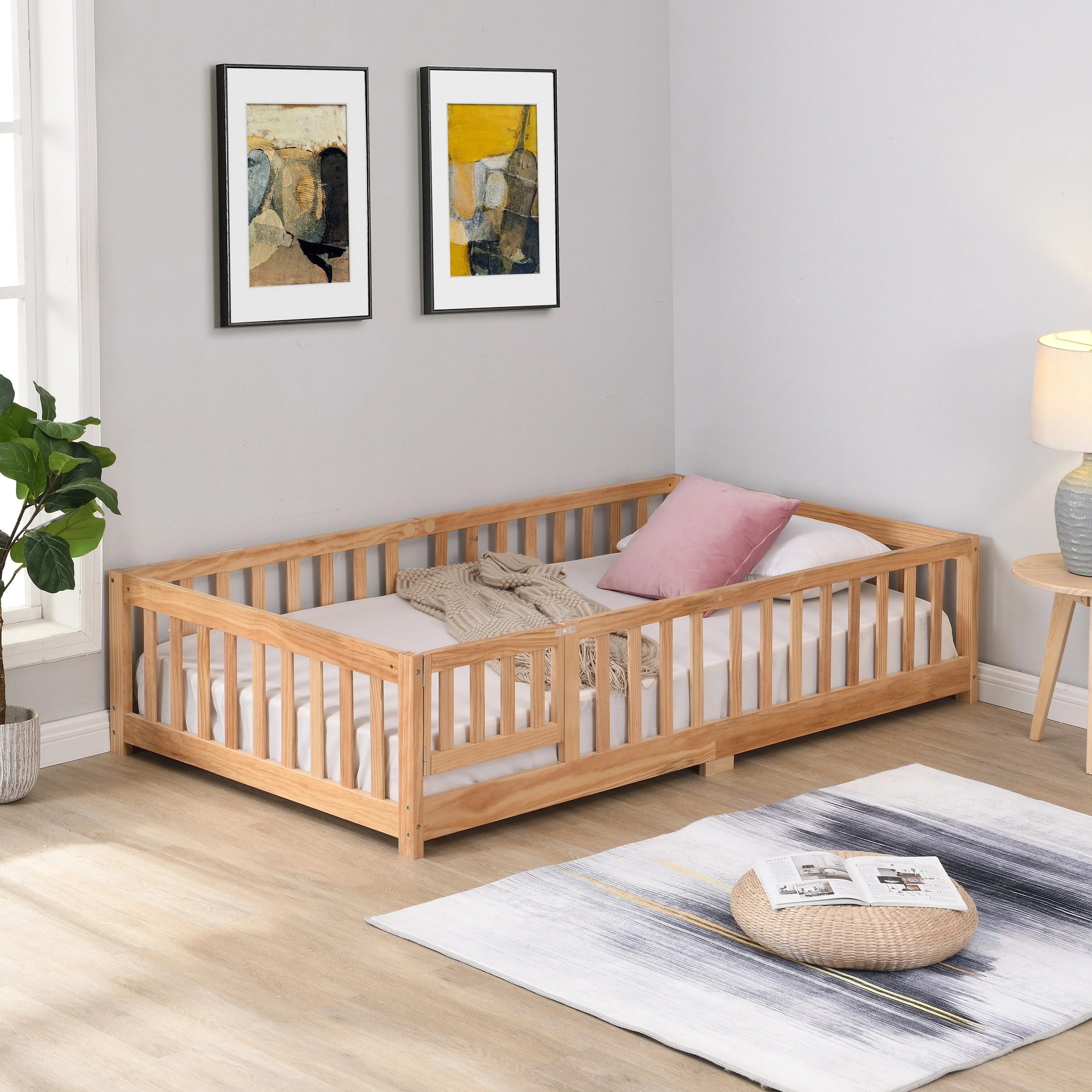 Full Size Wood Floor Bed with Door and Fence for Kids' Rooms