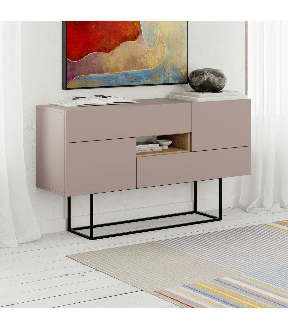 TITAN - Buffet 2 portes, 2 tiroirs, 1 niche couleur moka et pieds en métal