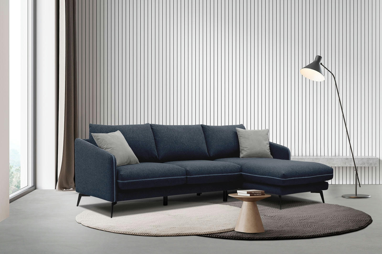 SOGEL - Canapé d'angle droit 4 places tissu bleu foncé