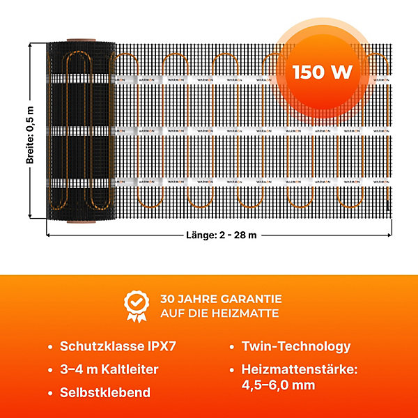 Chauffage au sol électrique WARMON CLASSIC 150 W/m²   Thermostat OKE-25 WiFi Tactile, cadre en verre Garda noir - 3 m²