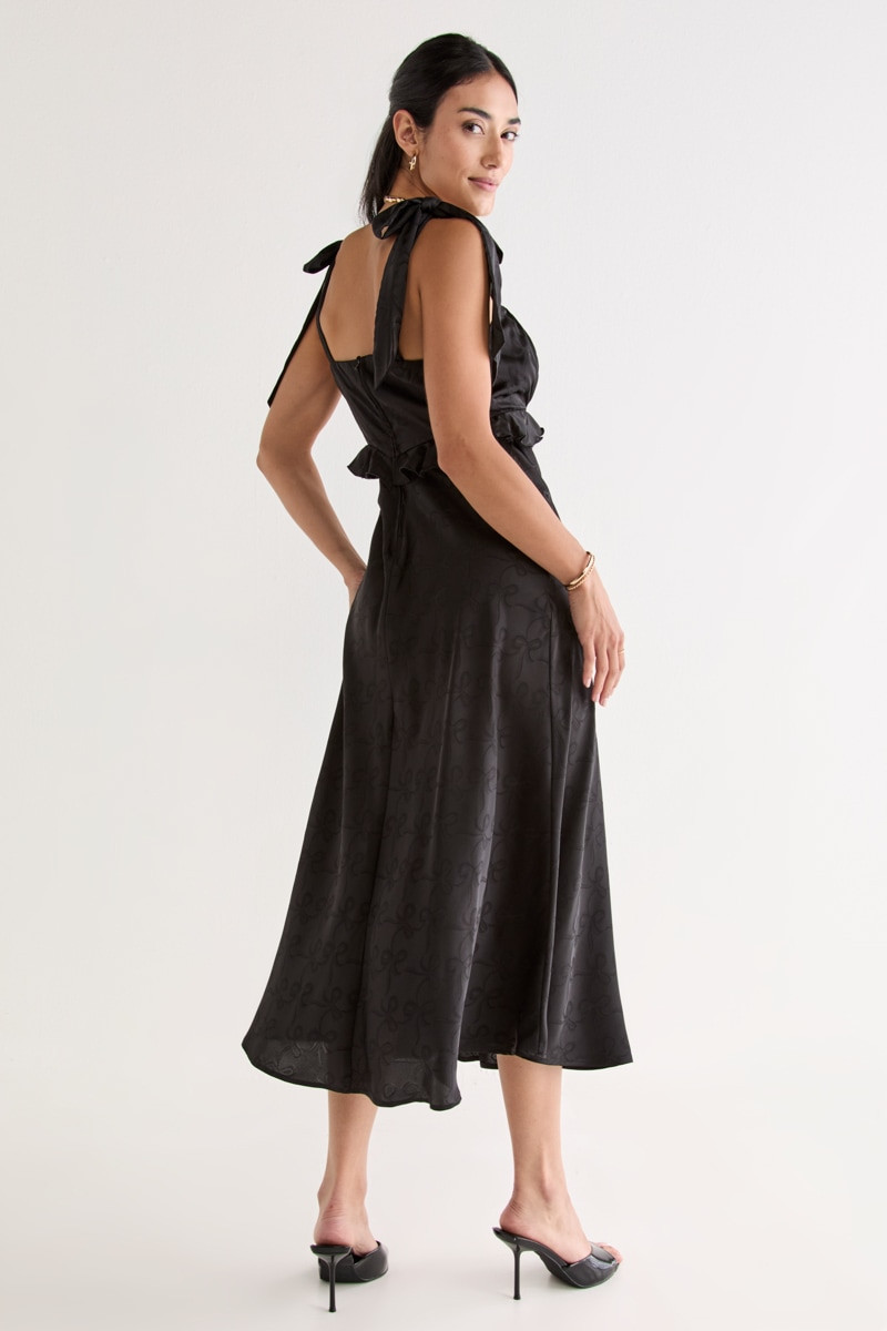 Rita Ruched Bow Jacquard Midi Dress Black
