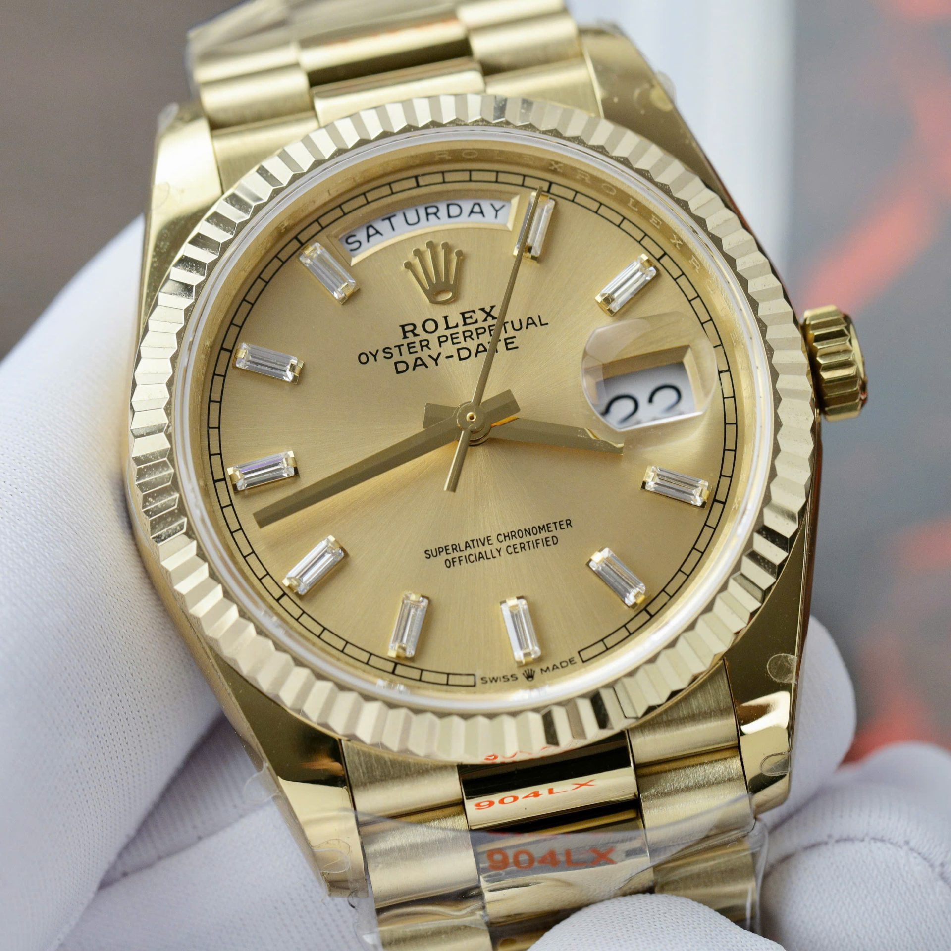 Rolex Day-Date 128238 YG Plated Champagne Dial Baguette Diamonds 36mm Super Clone