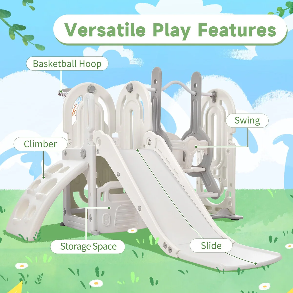 Toddler Slide and Swing Set 5 in 1,Kids Playground Climber Slide Playset with Basketball Hoop Combination for Babies