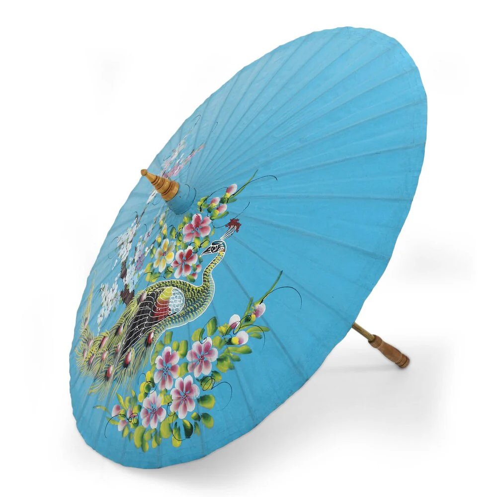 Handcrafted Cotton Rayon from Bamboo 'Charming Peacock' Decorative Parasol (Thailand)
