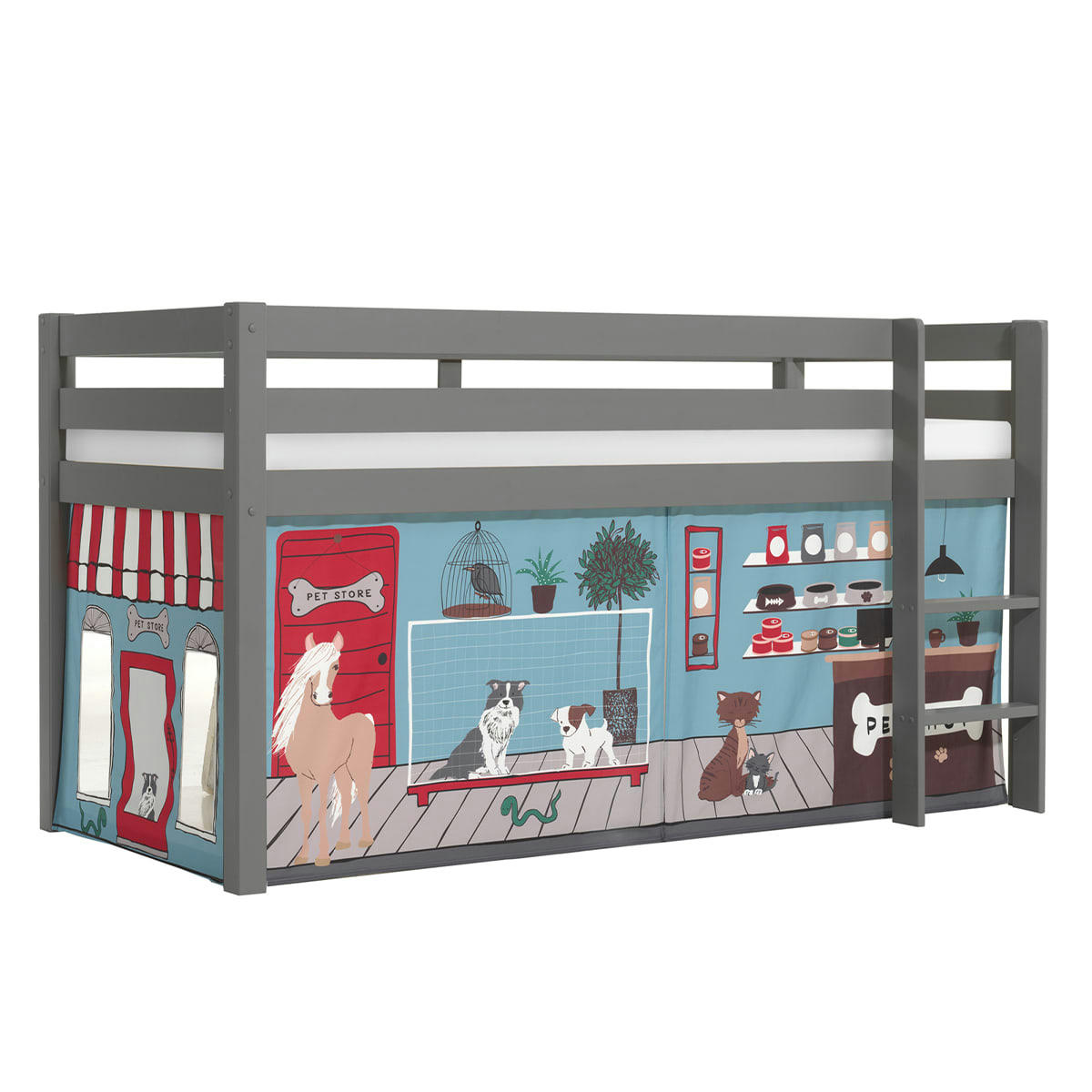 PINO - Lit mi-hauteur 90x200 sommier inclus housse pet shop gris