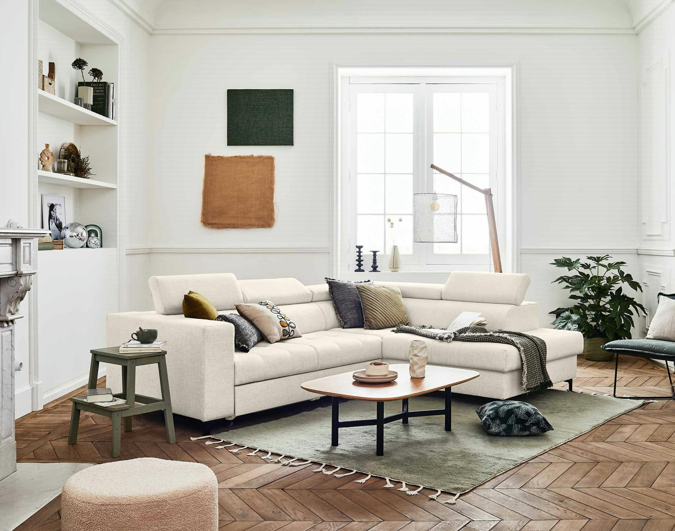 OLINDA - Canapé d'angle droit convertible 5 places en tissu beige