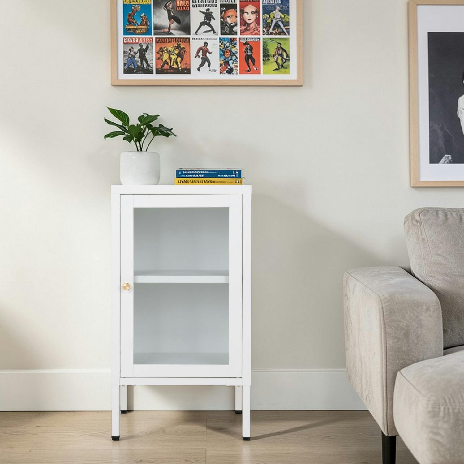 Petit meuble de rangement en métal blanc 1 porte vitrée ODENSE