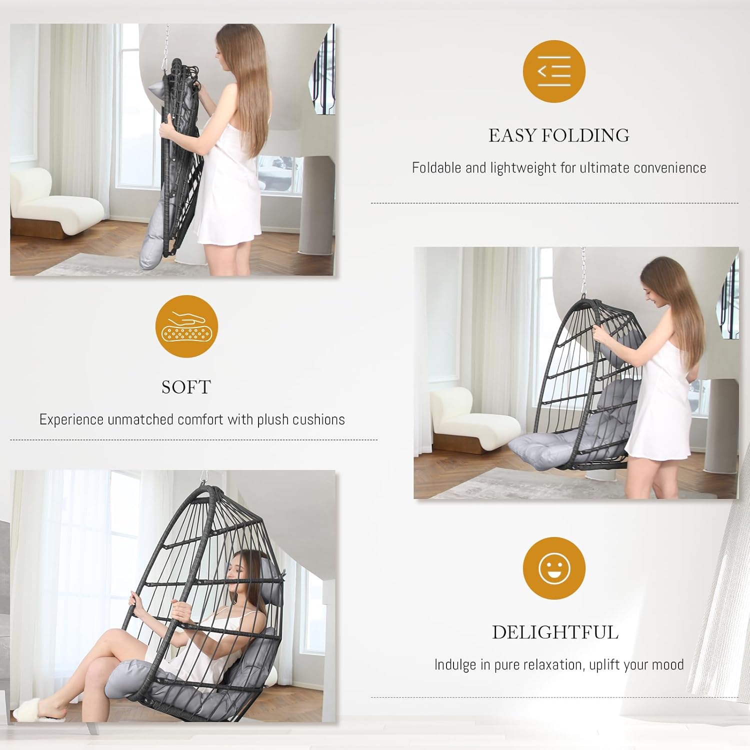 BULEXYARD Hanging Egg Chair Without Stand, 350 Lbs Foldable Wicker Rattan Swing Chair with Comfy Cushion, Outdoor Relaxing Hammock for Bedroom Patio Backyard Balcony Ceiling Tree Mount, Light Grey