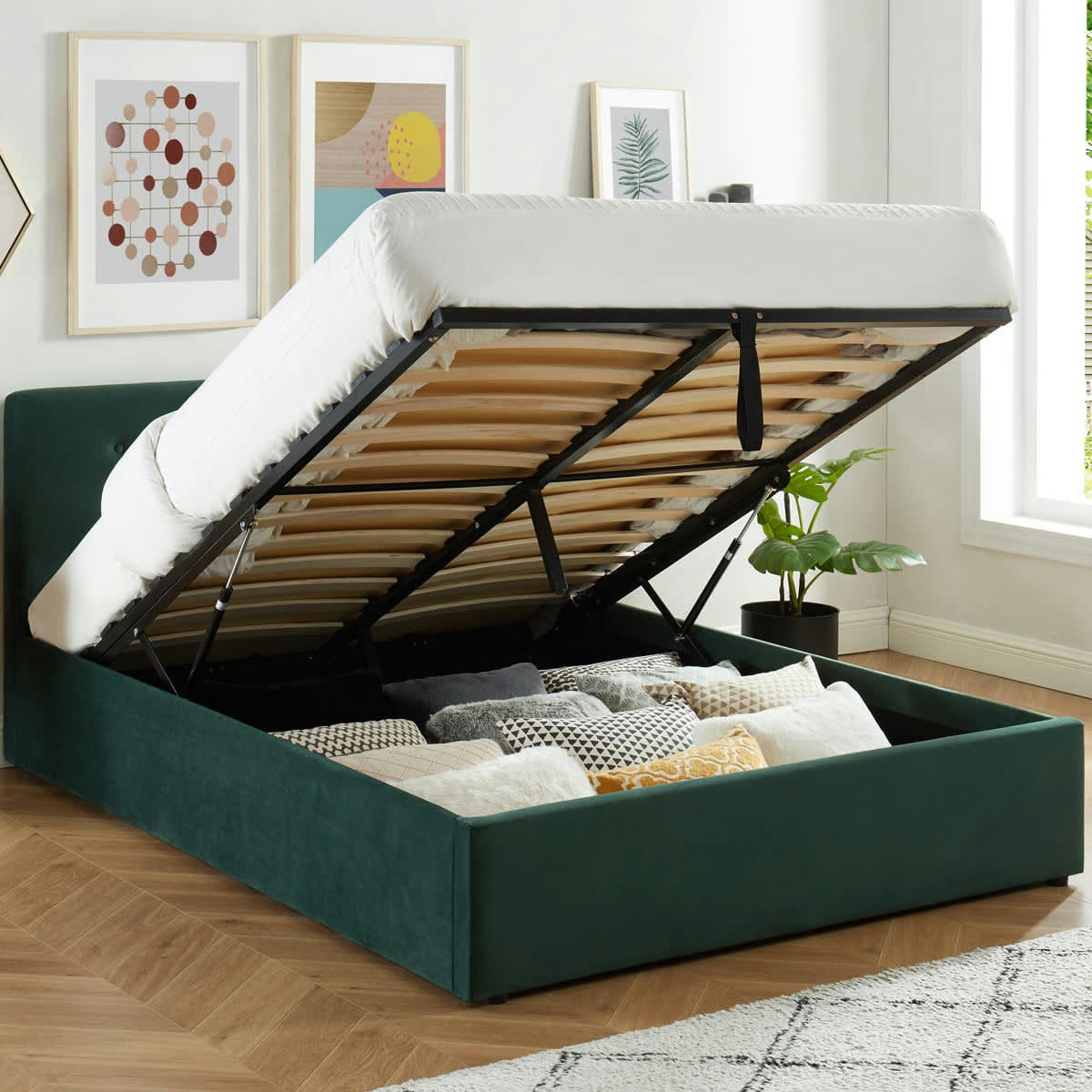 TINA - Lit coffre velours vert 140x190 avec sommier et tête de lit