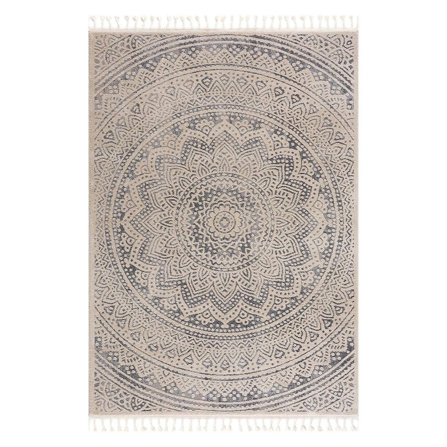 FLÄT - Tapis scandinave à franges tressées crème et gris 120x170cm