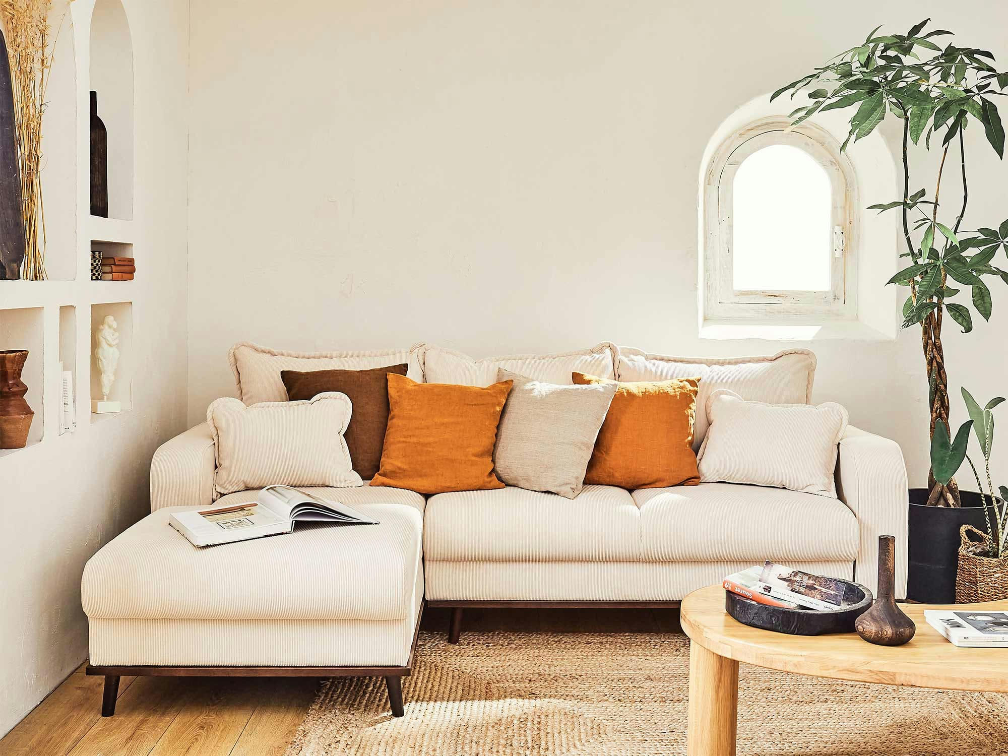 BILLIE - Canapé d'angle gauche convertible 4 places en velours côtelé beige