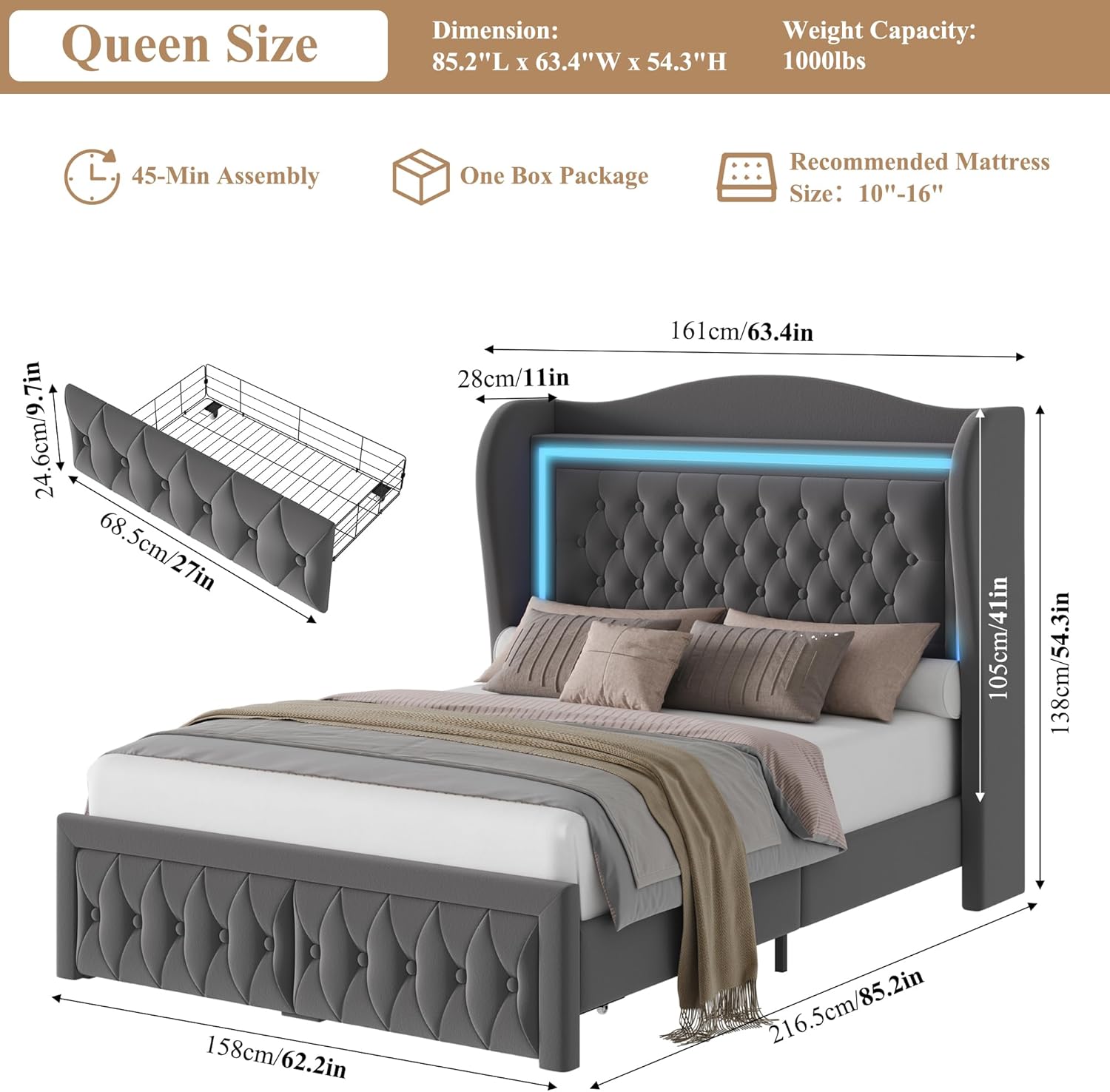 Queen Bed Frame 55 Tall Headboard with LED Lights, Buttons Tufted Velvet Upholstered Platform Bed Frame with 2 Storage Drawers, Wood Slats Support Mattress Foundation, No Box Spring Needed, Grey
