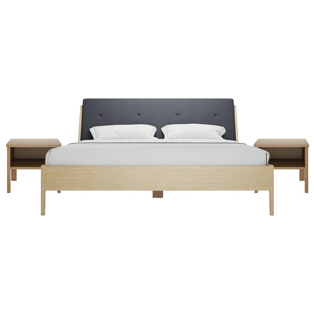 NOVA - Ensemble lit placage chêne et tissu gris 160x200 cm + 2 chevets