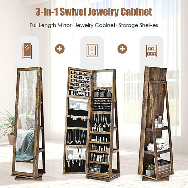 Armoire à Bijoux avec Miroir Plein Longueur avec étagère de Rangement Serrure Organisateur Chambre Pivotante Vintage