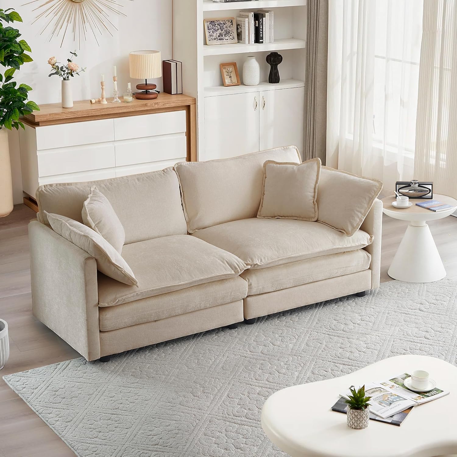 mikibama Luxury Loveseat Sofa Couch, 76 Modern Chenille Deep 2-Seater Cloud Couch with 2 Armrest Pillows and 2 Toss Pillows, Love Seat for Living Room Bedroom Office Apartment, Light Coffee