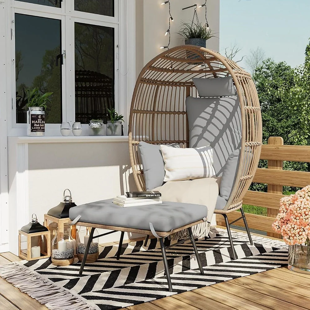 Oversized Indoor Outdoor Lounger Wicker Egg Chair with Ottoman for Patio, Backyard, Living Room