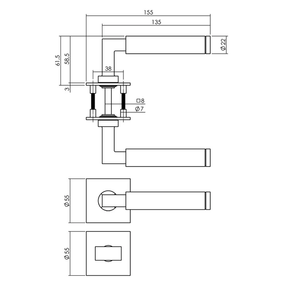 Türdrücker, 55x55x3 mm WC8 mm stift Bau-Stil
