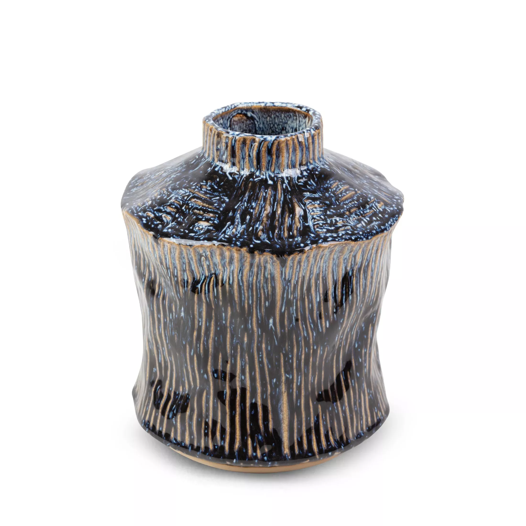 Wazon ceramiczny granatowo-beżowy o nieregularnym kształcie w stylu boho średnica 17x20 cm ALDA