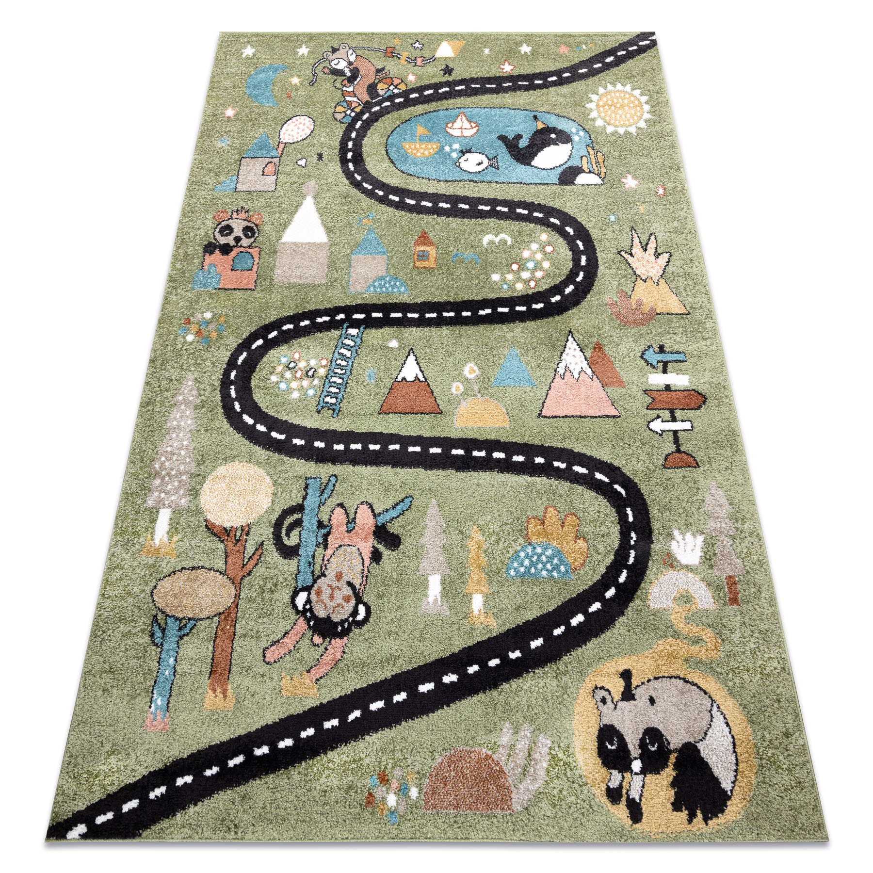 Dywan FUN Route dla dzieci, ulica, zwierzęta zielony 80x150 cm