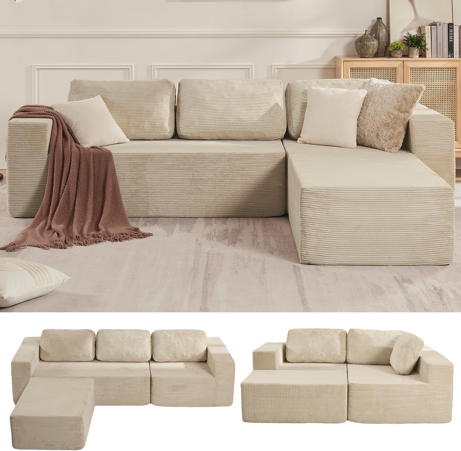 Furnify 106 Cloud Sectional Couch, Left/Right Facing Convertible Sofa with Deep Seat, L-Shape Modular Upholstered Foam Couch for Living Room Bedroom, No Assembly Required (Corduroy Fabric, Beige)