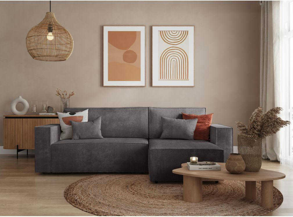 - Canapé d'angle réversible et convertible 3 places, velours Gris Foncé