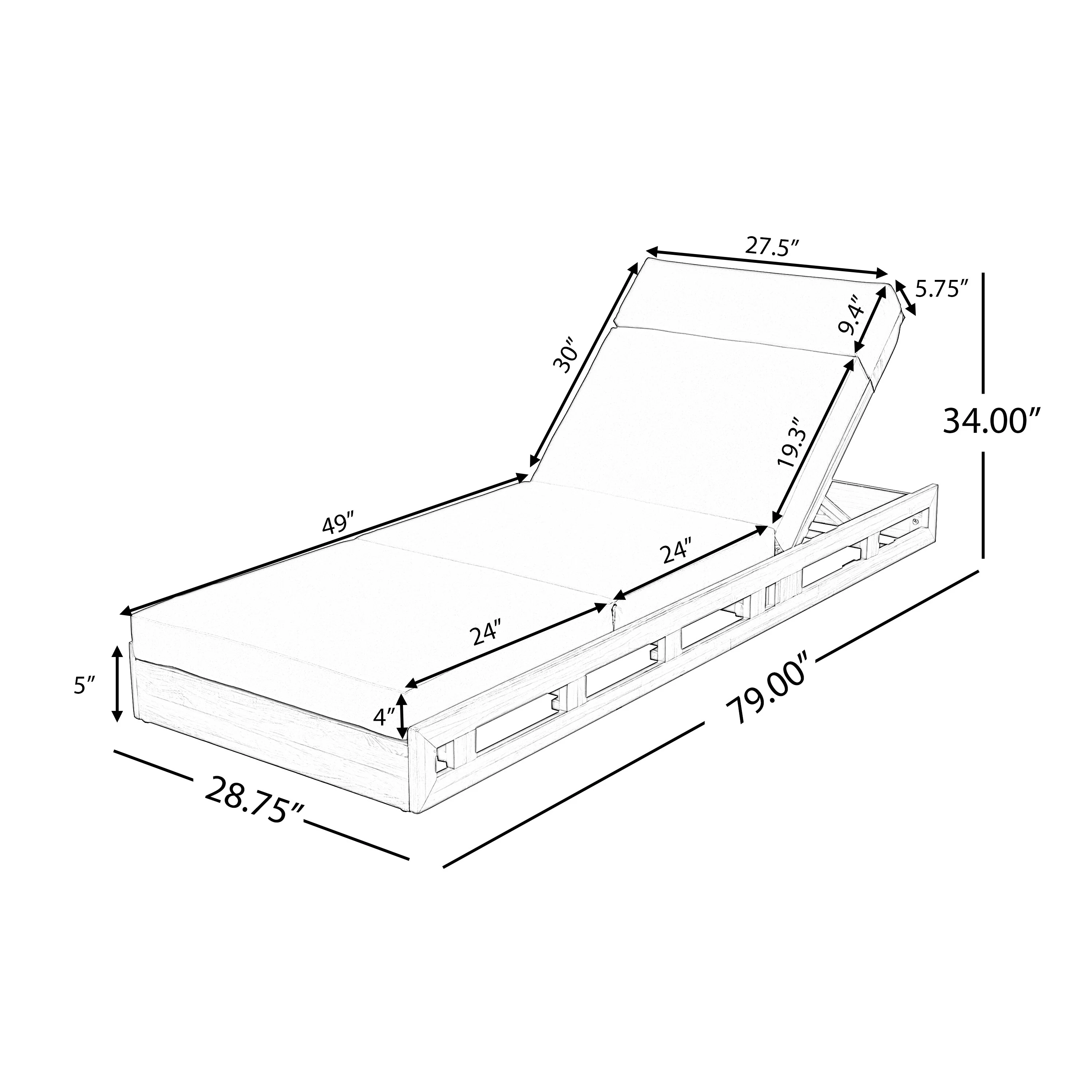 LOUNGE CHAISE SET WITH HEADREST,ACACIA WOOD WITH WATER-RESISTANT LOUNGE CUSHIONS (CREAM & 3-FOLD & 4 inch)