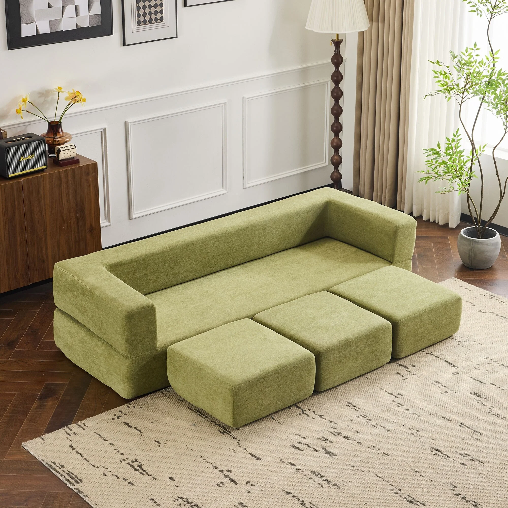 Convertible Sectional Sofa Bed with 3 Storage Ottomans, Chenille Sleeper for Small Spaces, Studio Apartments Dorms