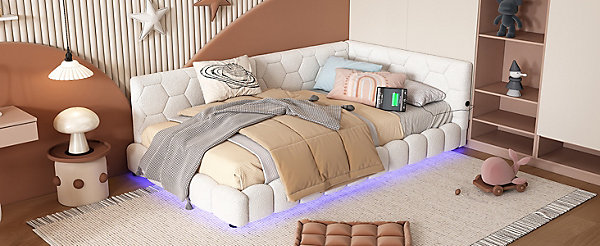 Lit Simple 90x200cm, Canapé-Lit avec éclairage Ambiant, USB, Typ-C, Blanc