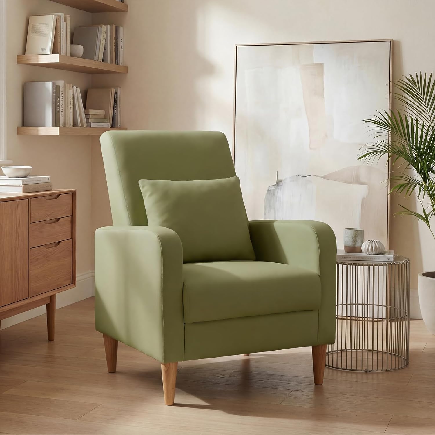 COLAMY Mid-Century Modern Upholstered Accent Chair with Back Pillow & Solid Wood Legs, Leather Cozy Armchair for Living Room, Bedroom, Reading Nook, Apartment & Small Spaces, Green