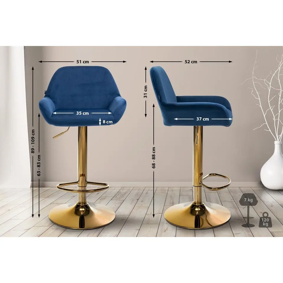 CLP Set van 2 Barkruk Braga goud Frame - Fluweel - blauw