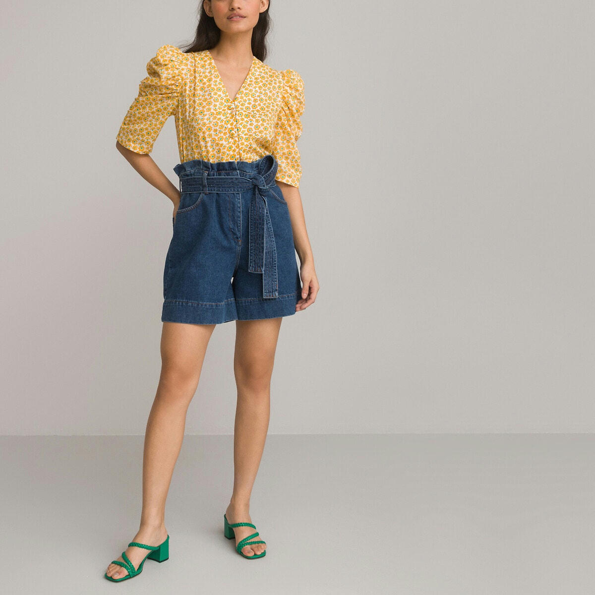 Blouse col rond imprimé floral, manches courtes