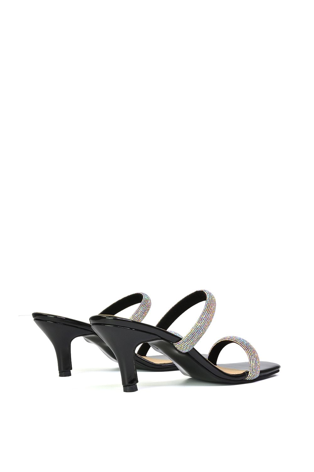XY London Nancy' Square Toe Diamante Strappy Slip On Low Kitten Heel Mules