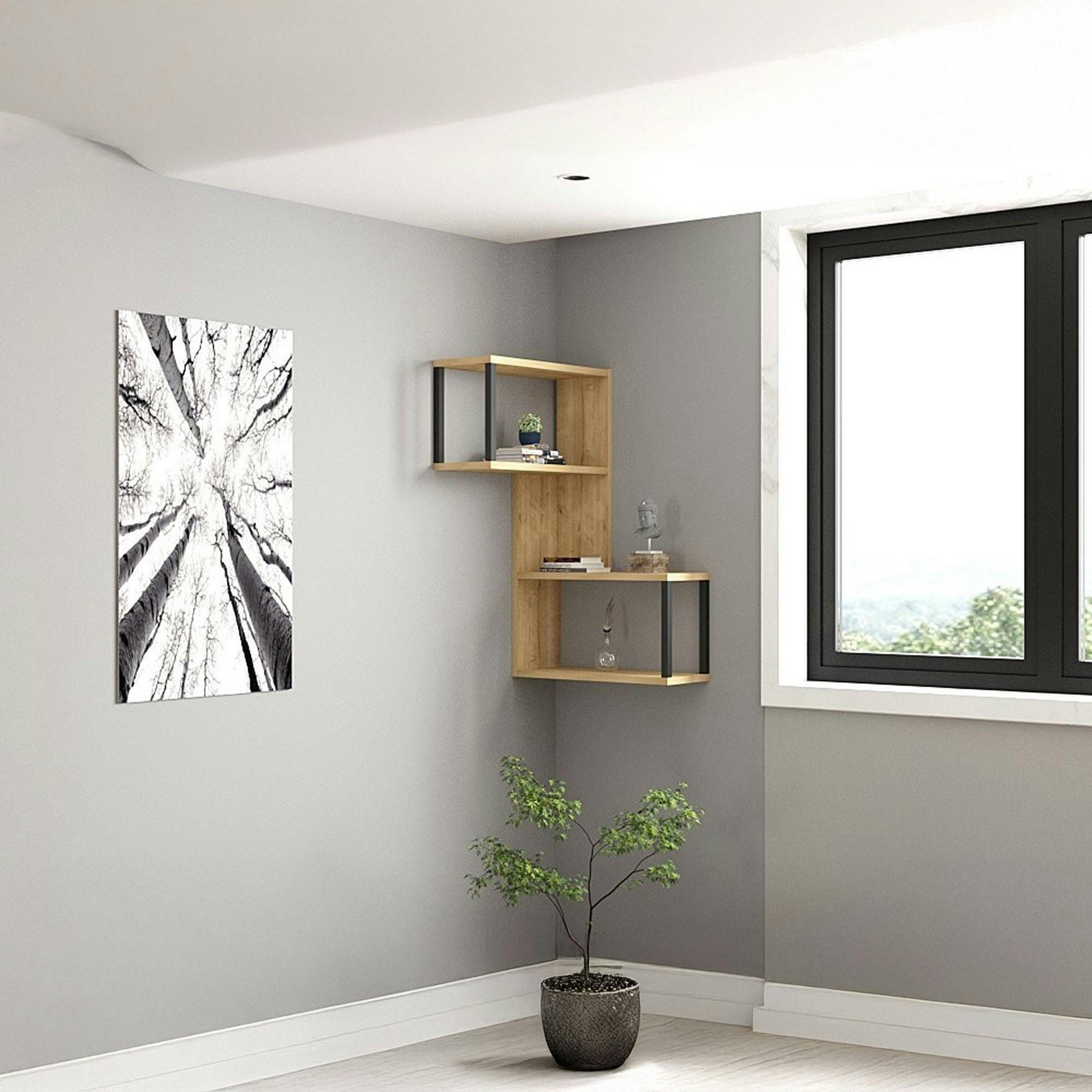 Etagère murale d'angle effet bois clair - 2 niches JENA