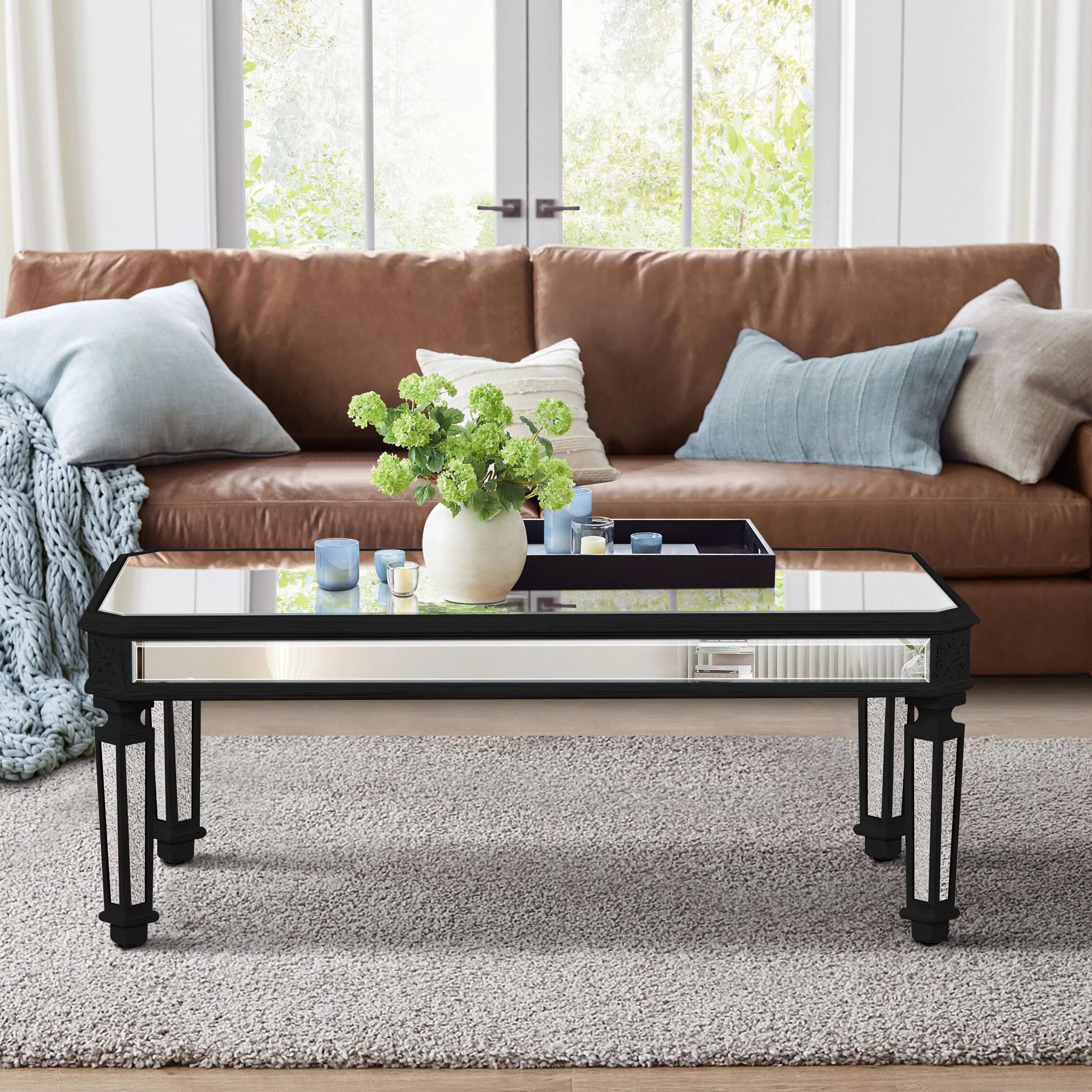 Mirrored Coffee Table, Black Vintage Carved Wooden, Rectangle Glass Tea Table with Mirrored Finish, Modern Center Table
