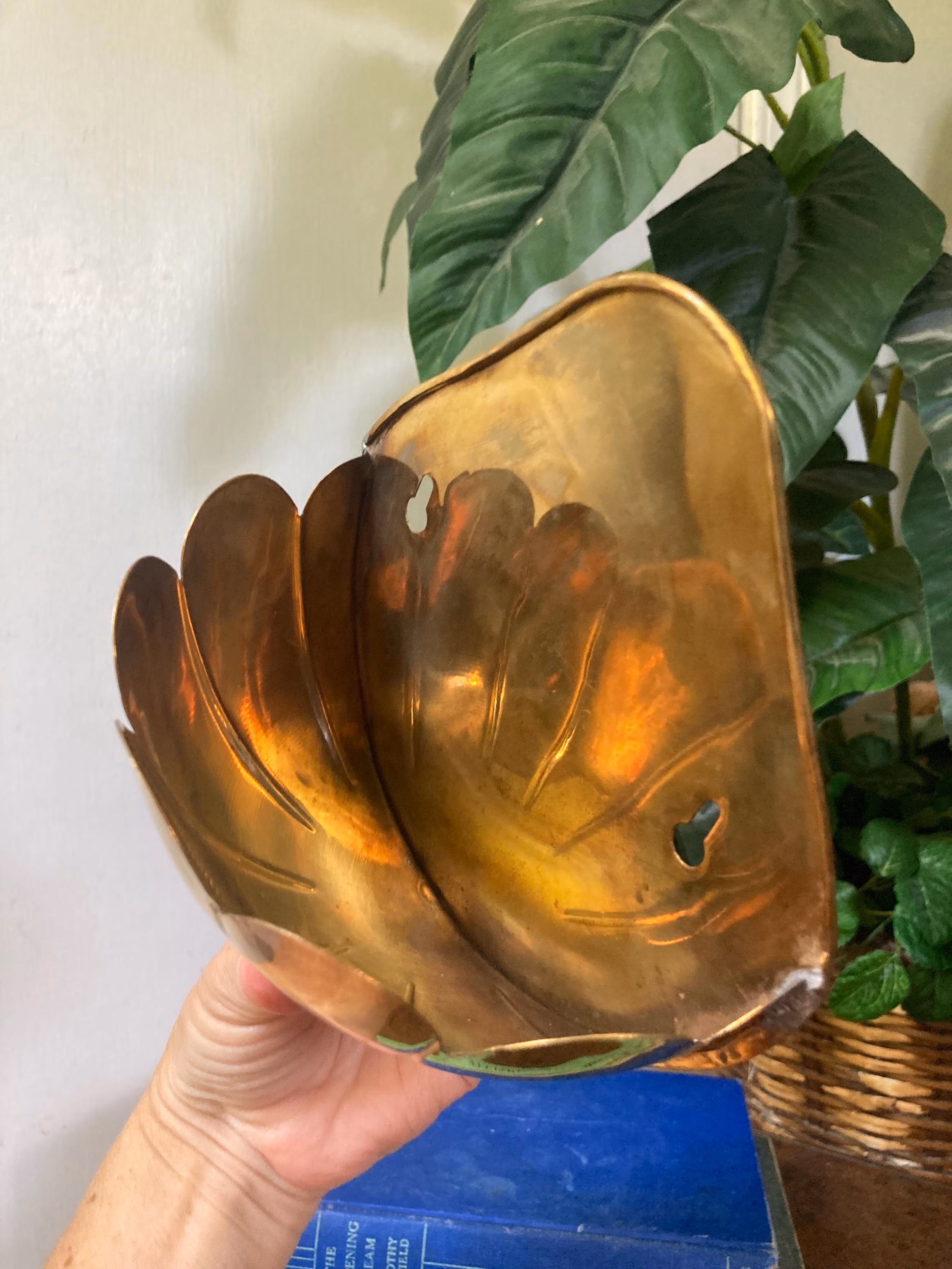 Scalloped brass wall planter